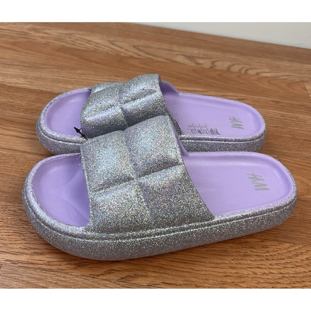 H&M Women's Quilted-Look Pool Shoes Slides Light Purple Glitter Size‎ 8-9 NEW